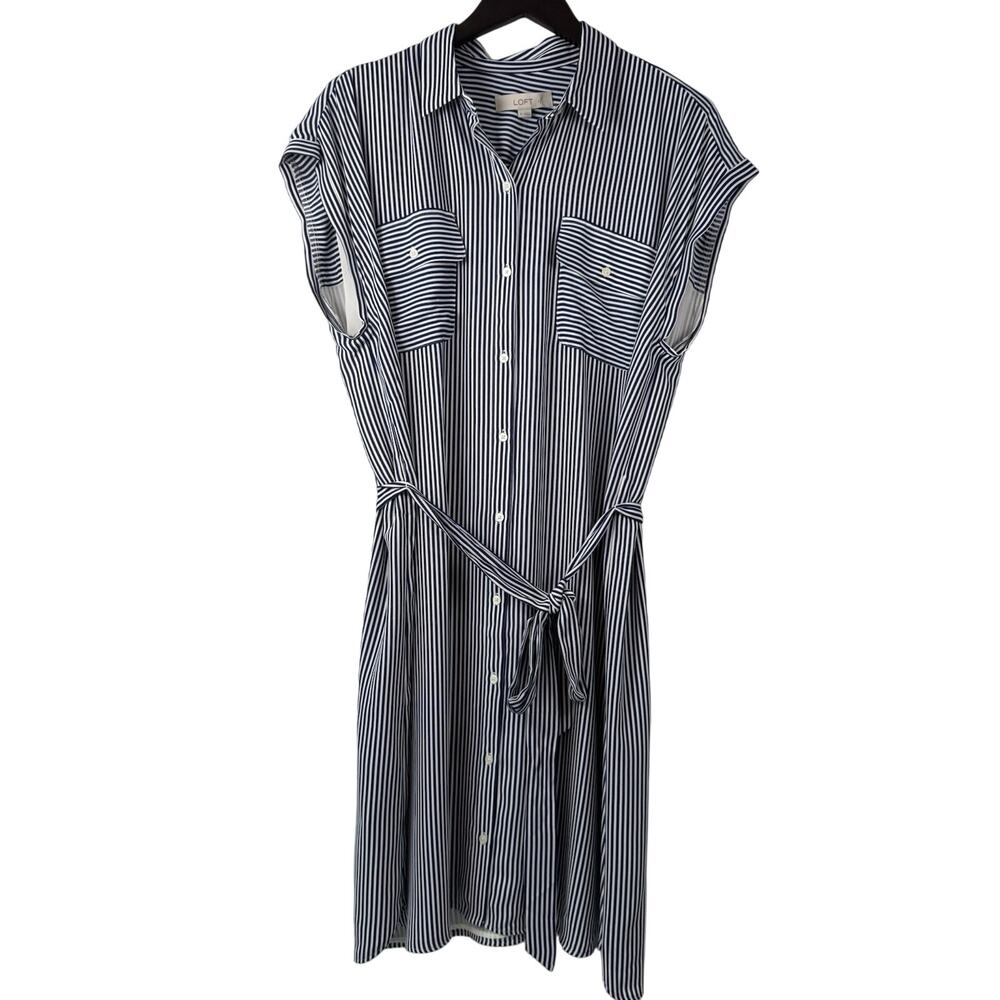 Loft Striped Button Down Shirt Dress Women's XL Blue White Nautical Tie Waist